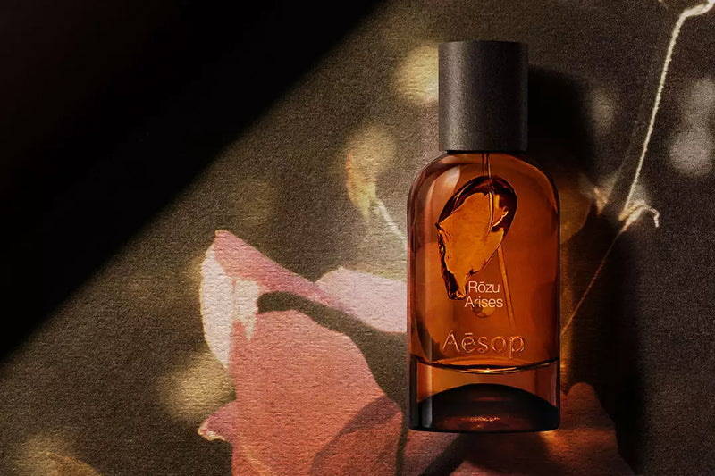 Aesop Rozu Arises amber fragrance bottle on a dark surface beside a pink botanical illustration and pale root.
