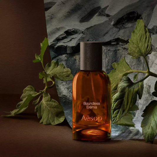 Aesop Boundless Eremia bottle with leafy stems and a grey stone backdrop.