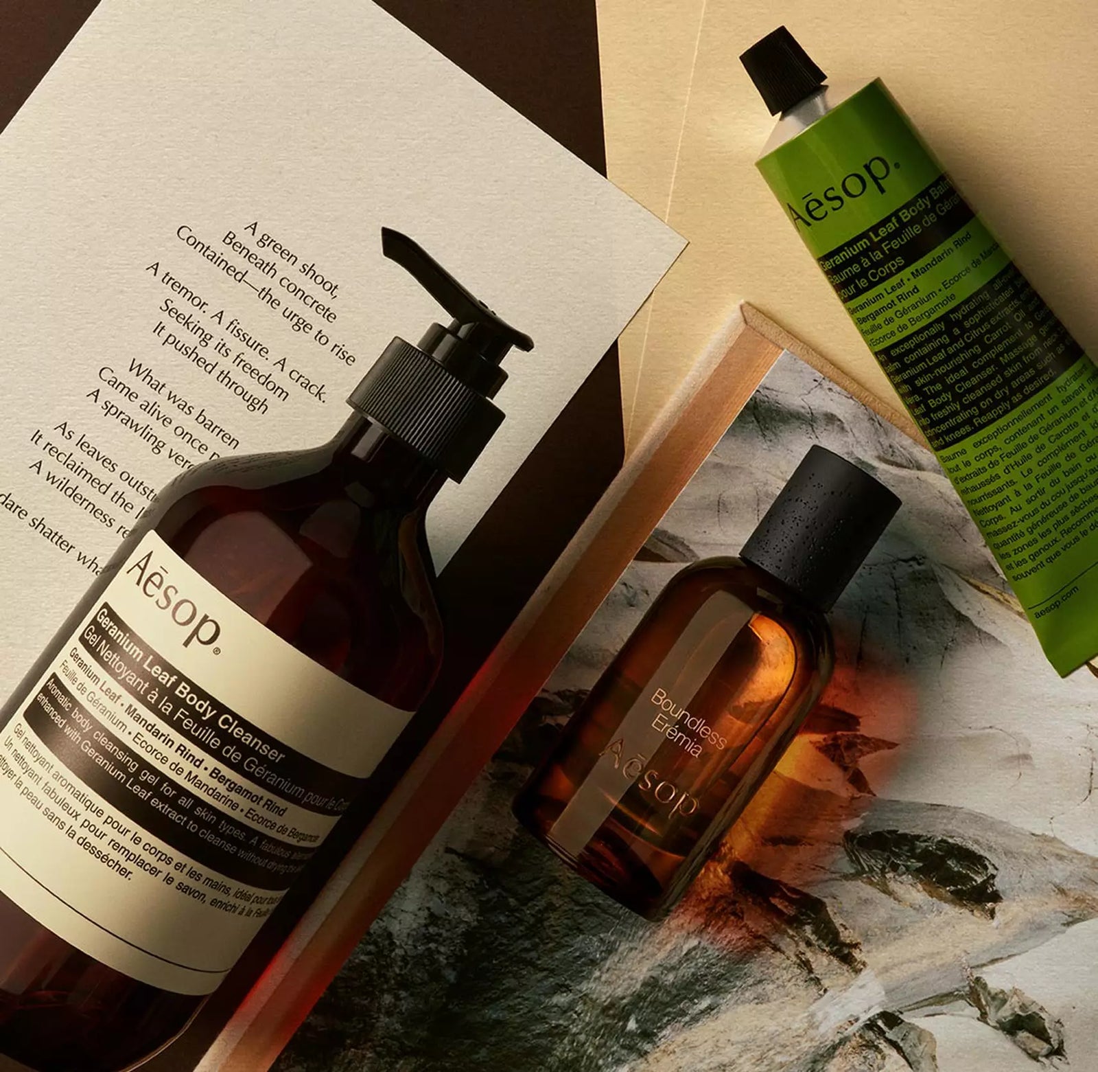 Aesop Boundless Eremia bottle with pump bottle and green tube arranged on papers and a stone image.