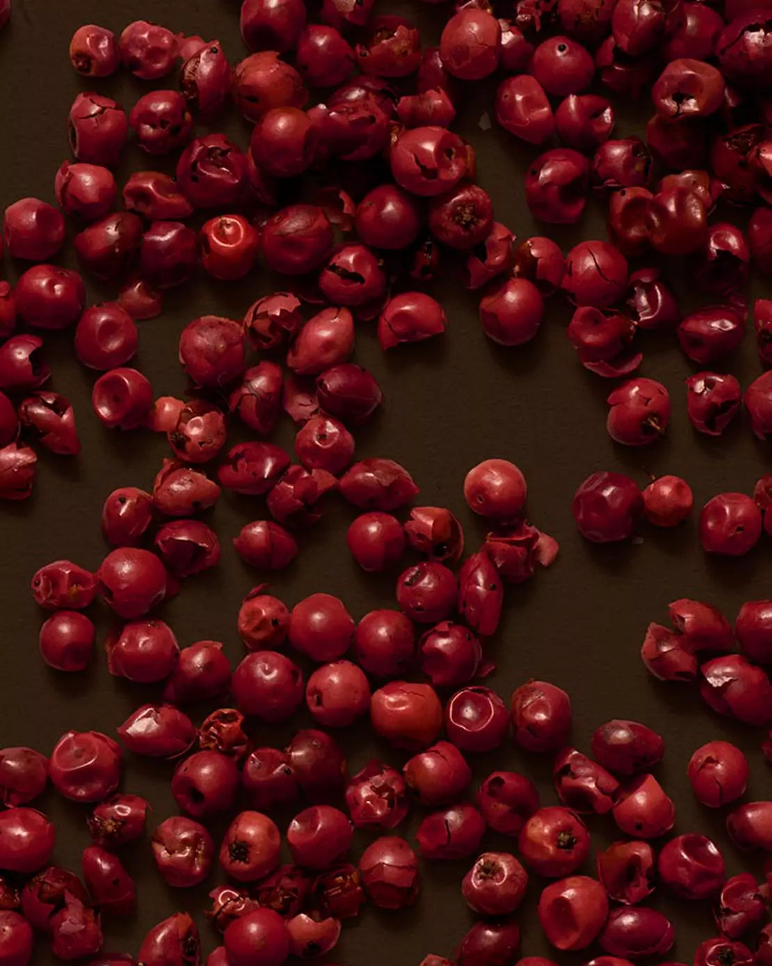 Close-up of red berries scattered across a dark brown surface.
