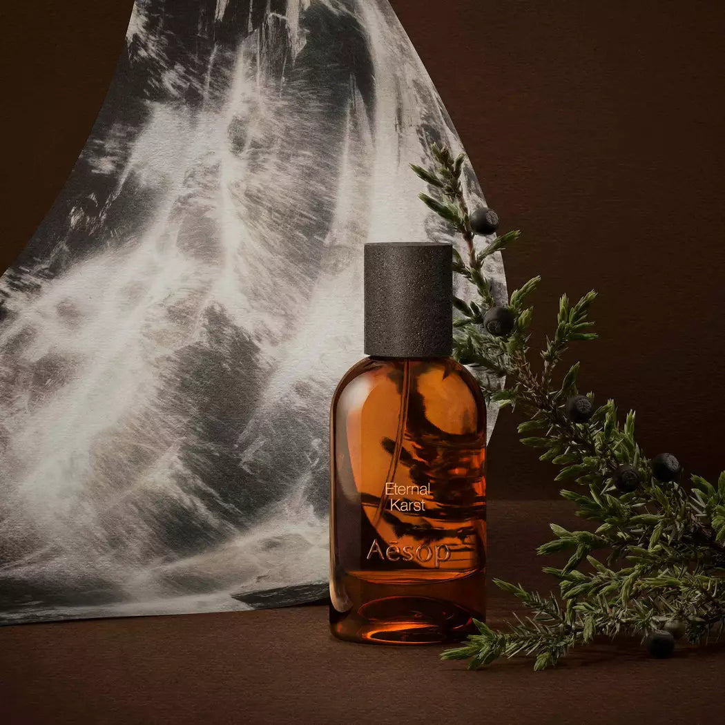 Aesop Eternal Karst bottle with a branch and foamy water backdrop.