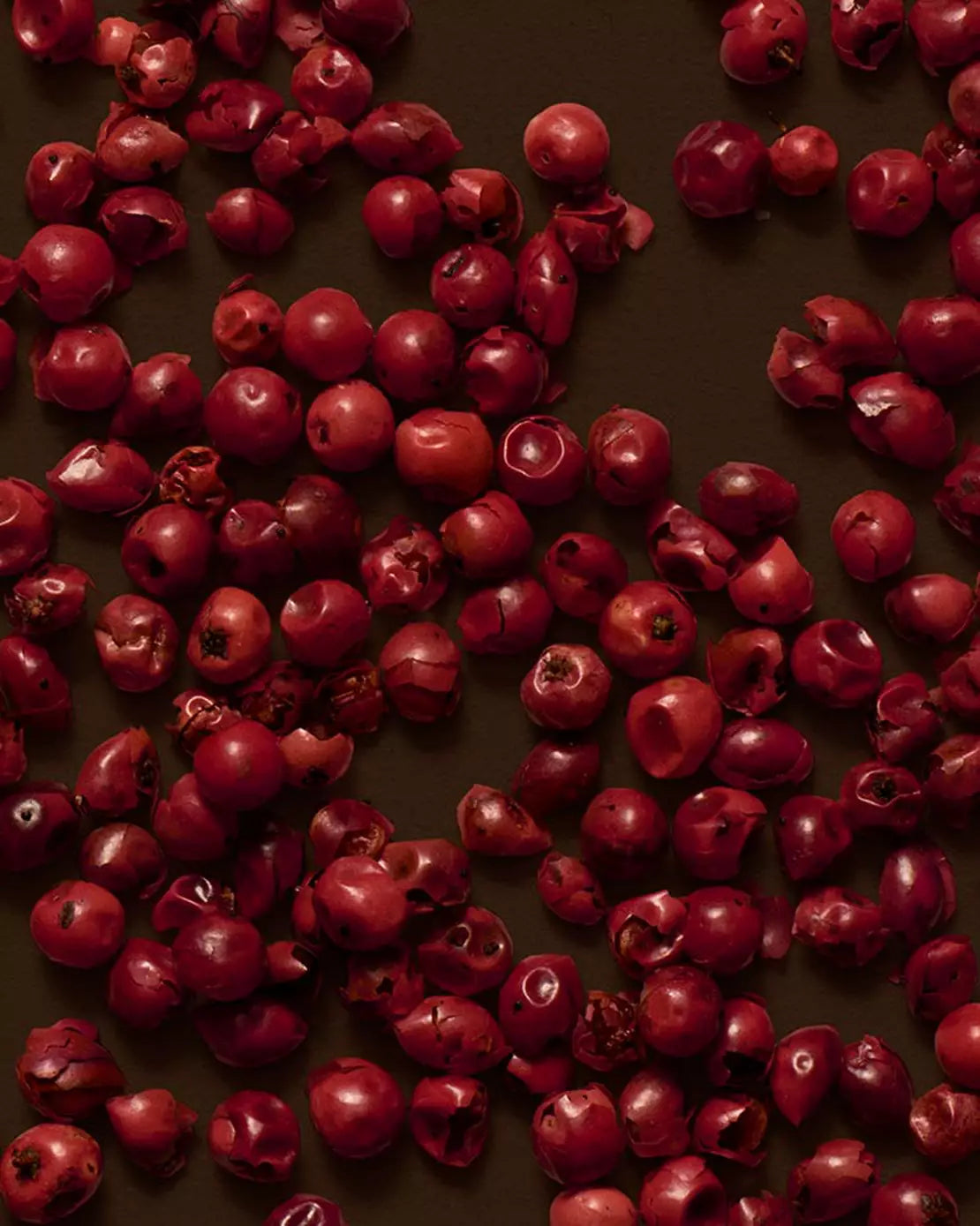 Close-up of red berries scattered across a dark brown surface.