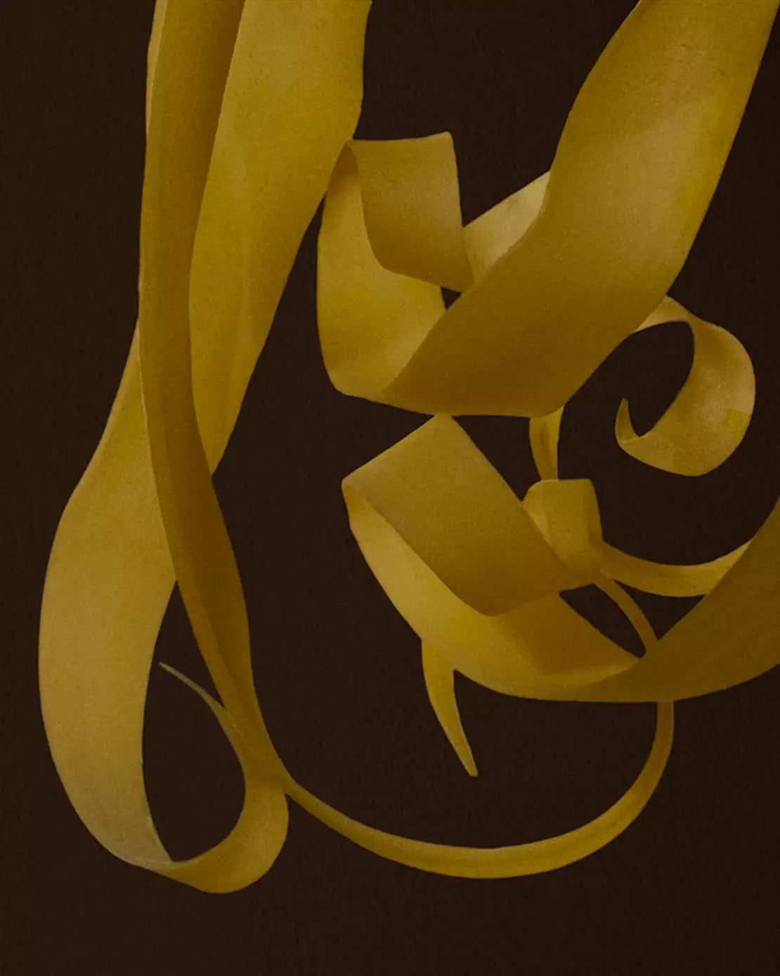 Close-up of curled yellow peel strips against a dark brown background.